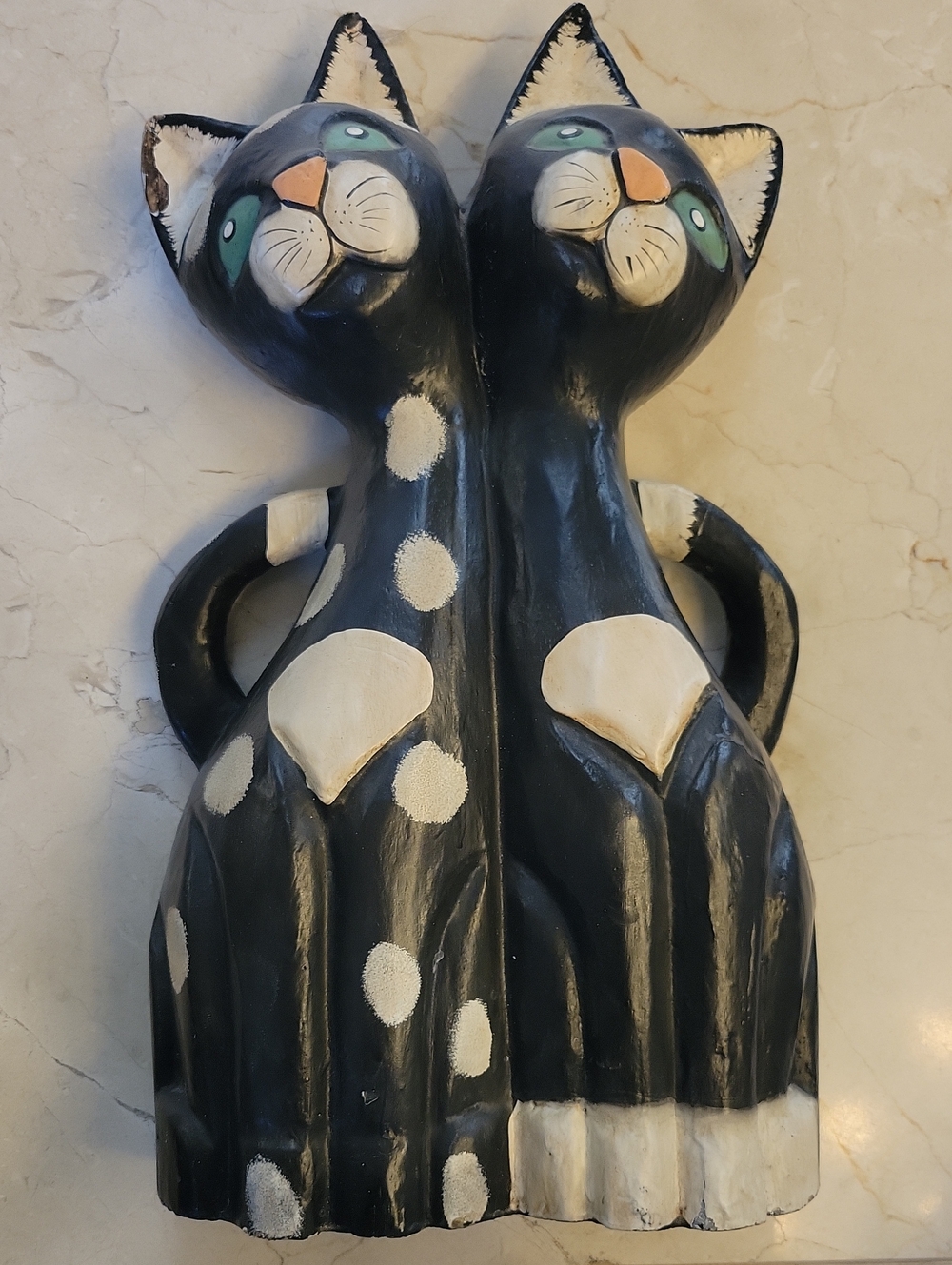 Handcrafted Black & Cream Double Cat Wooden Decorative Cat Statue